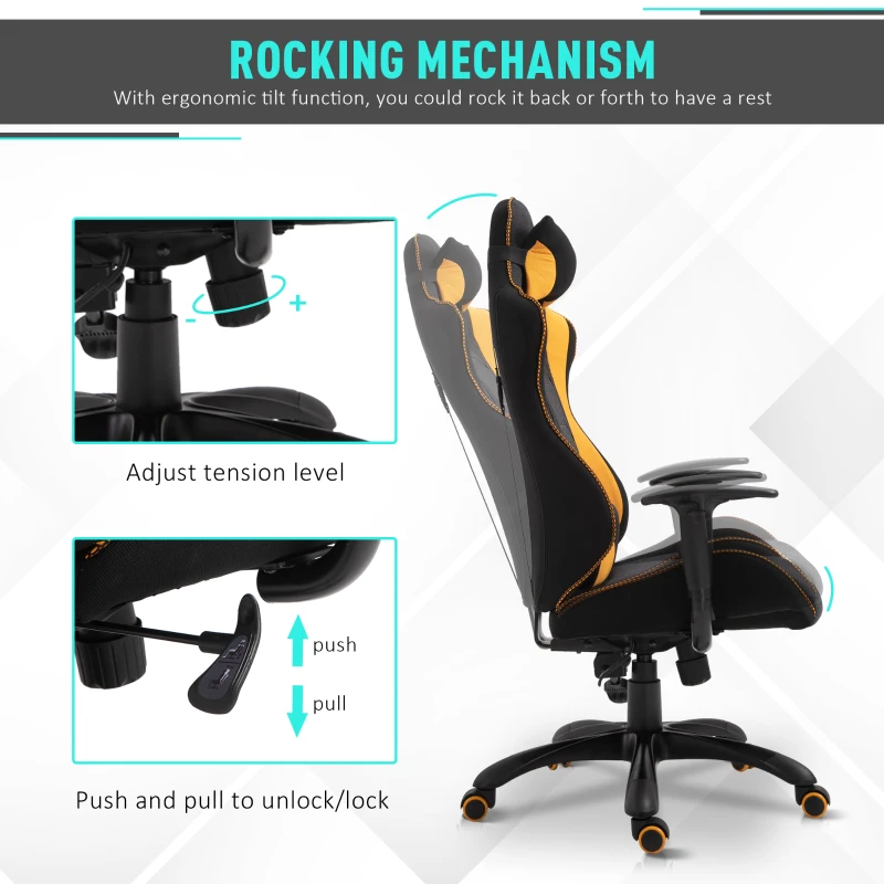 Vinsetto Stylish Racing Gaming Chair Yellow Panels Ergonomic Design 360° Swivel Adjustable Height Arms w/ Neck Back Pillow Home Gaming Seat Chair - Black&Yellow