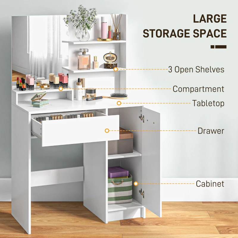 HOMCOM Dressing Table and Stool Set, with Storage - White