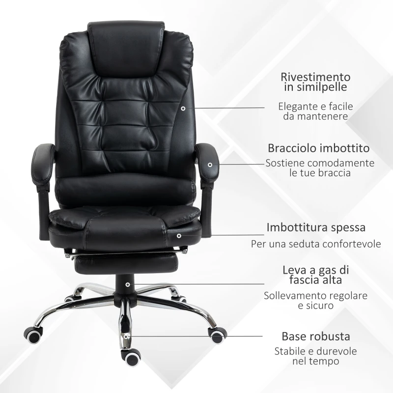 HOMCOM Poltrona Presidenziale da Ufficio in Similpelle Bianca, Regolabile con Schienale Reclinabile 145° e Poggiapiedi