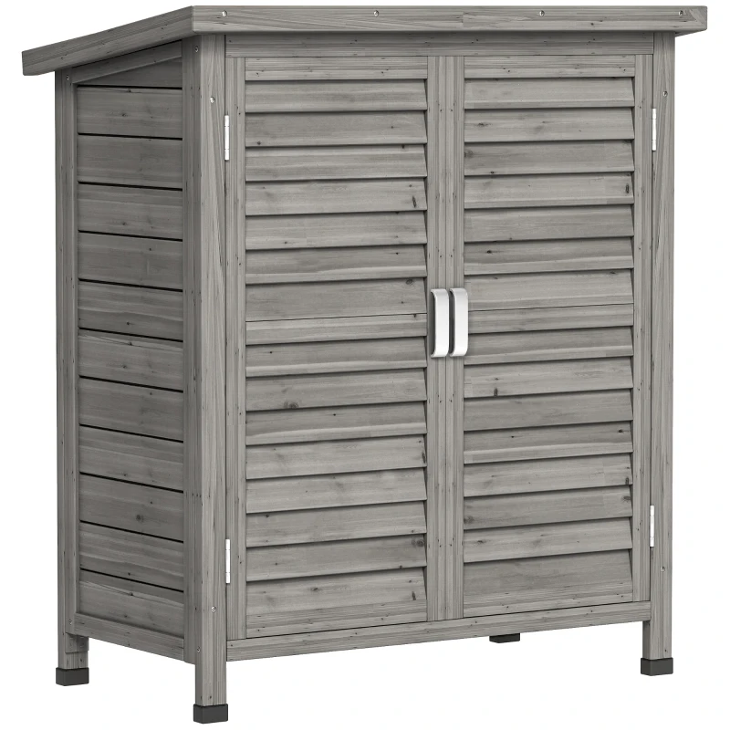 Outsunny Armário de Armazenamento de Madeira para Jardim com 2 Prateleiras Interiores 2 Portas e Teto Inclinado para Exterior Terraço 87x46,5x96,5cm Cinza