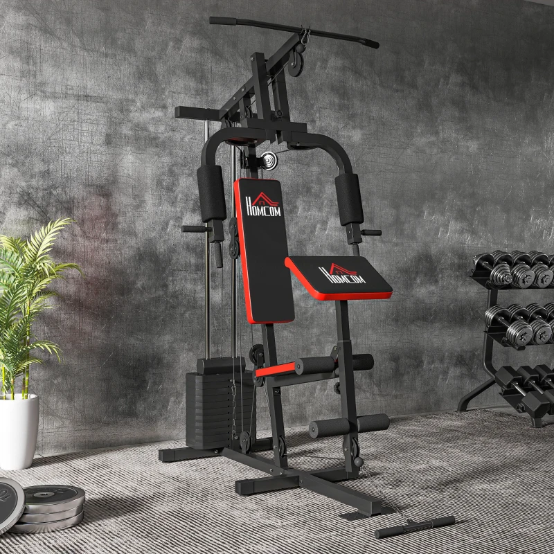 HOMCOM Máquina de Musculação com Pesos Ajustáveis de 65 kg, Prensa de Peito e Pernas, Roldana, 135x103x210 cm, Preto
