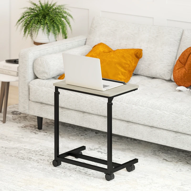 HOMCOM Bijzettafel, bureau en nachtkastje, in hoogte verstelbaar, 4 wielen, metalen frame