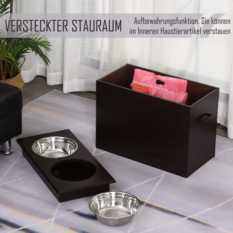 PawHut hondenbak met opbergruimte 2 bakjes voerstation kattenbak espresso(m-4)