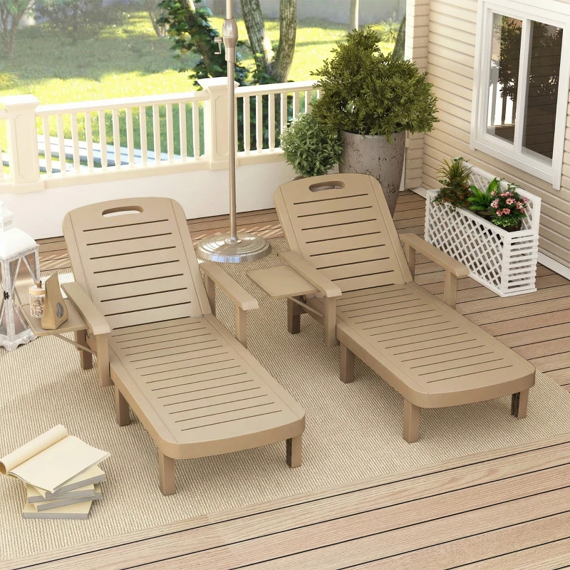 Outsunny Set of 2 Reclining Sun Loungers, 5 Positions Adjustable Outdoor Chaise Lounge Chair with Armrests, Khaki