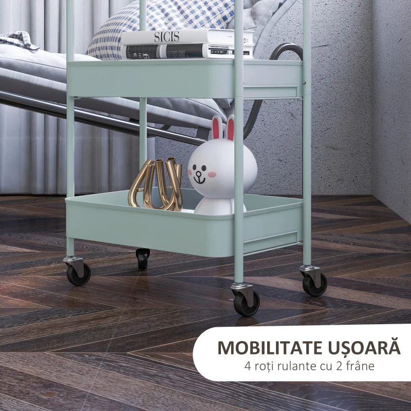 HOMCOM Raft Mobil de Bucătărie cu 3 Niveluri, cu Mânere și 4 Roți, din Oțel, 45x30.6x79 cm, Albastru