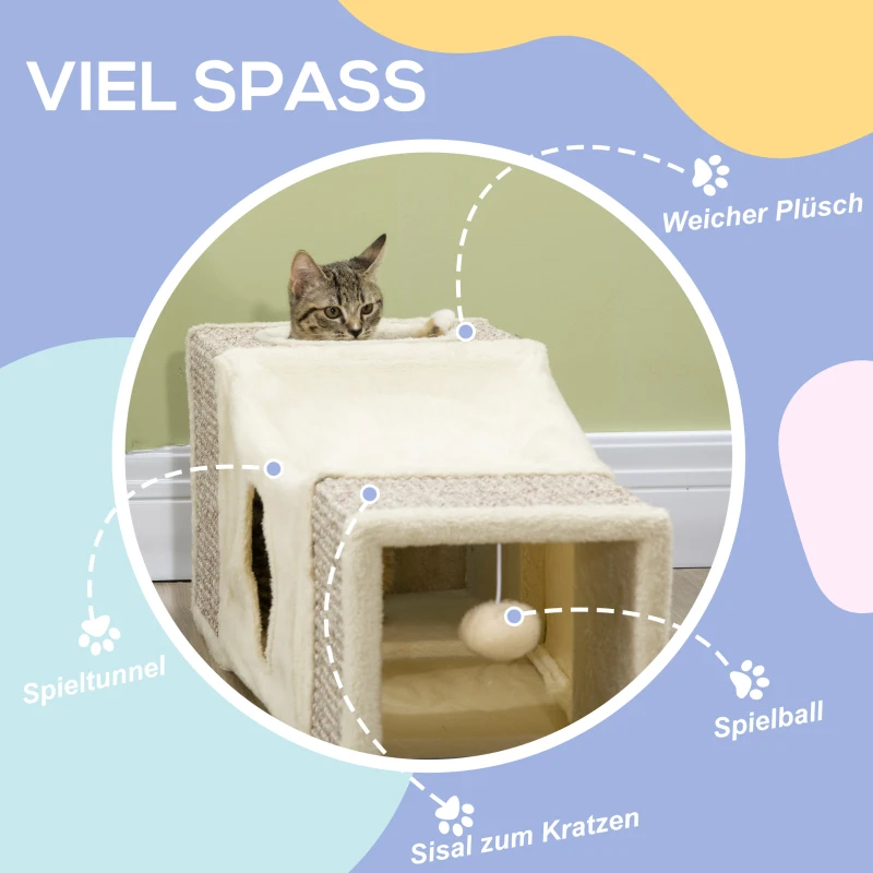 PawHut kattentunnel, 2 kattengrotten, krabvlakken en speelbal, 98 cm x 30 cm x 30 cm, bruin en beige(m-5)