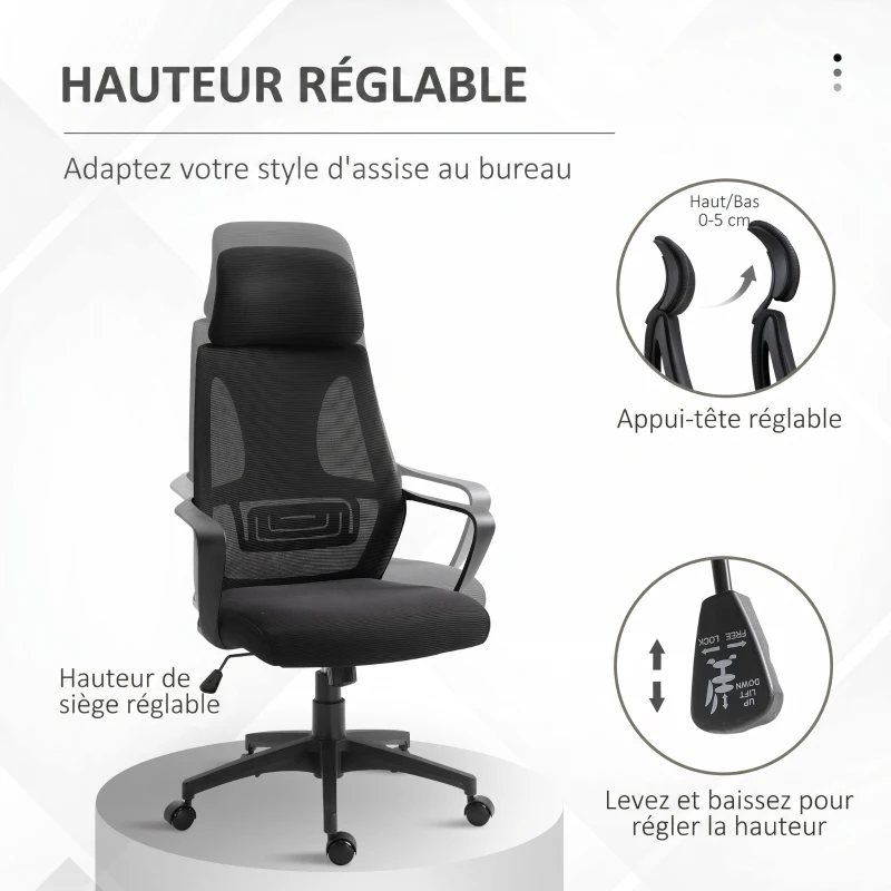 Vinsetto Chaise bureau ergonomique, fauteuil de bureau en maille, appui-tête, hauteur réglable, 64 x 55 x 116-126 cm, noir