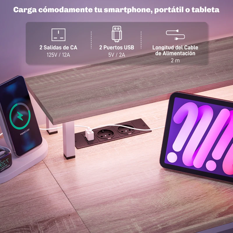 HOMCOM Mesa de Escritorio con Luces LED Cajones Tomas de Corriente Puertos USB y Soporte para Monitor 155,5x48x88,5 cm Natural