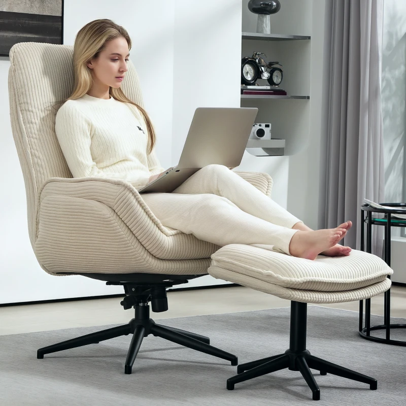 HOMCOM Draaibare Gestoffeerde Fauteuil met Voetenbank, Modern Relaxfauteuil voor Woonkamer, Slaapkamer, Thuiskantoor, Beige