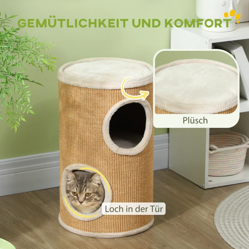 PawHut Kattenkrabton met Veel Ruimte, Pluche Overtrek, Sisal-Oppervlak, Φ35 x 60H cm, Bruin-Beige, 10 kg