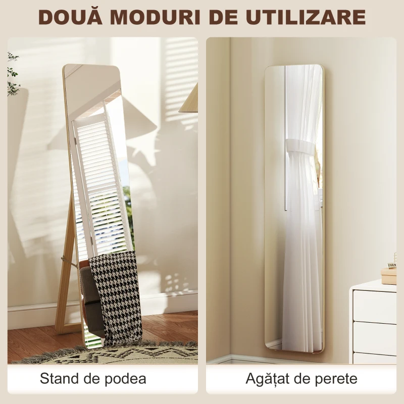 HOMCOM Oglindă de Podea și de Perete cu Cadru din Lemn și Suport Pliabil, 37 x 43 x 156 cm, Culoare Lemn
