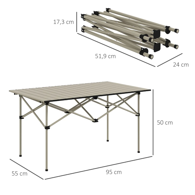 Outsunny Opvouwbare Campingtafel met Oprolbaar Tafelblad, Tuintafel van Aluminium voor 2 Personen, 95 x 55 cm, Khaki