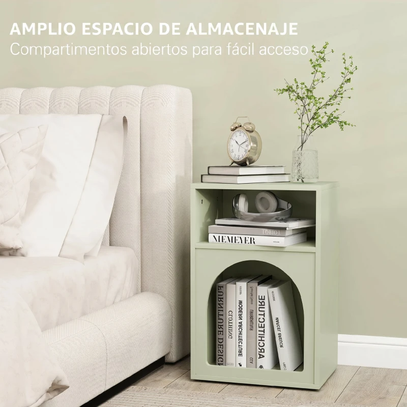 HOMCOM Mesilla de Noche Estrecha con 2 Compartimentos Abiertos Diseño en Forma de Arco 40x30x60 cm Verde Claro