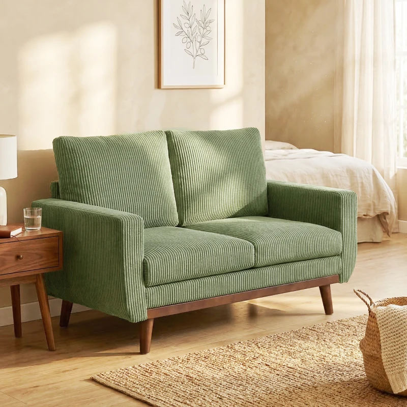 HOMCOM 2-Sitzer-Sofa, 134 cm Cord-Sofa mit Taschenfedern, dicker Rückenlehne, Holzlatten-Akzent, Grün