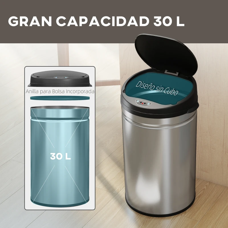 HOMCOM Cubo de Basura Cocina Automático 30 L Sensor Infrarrojo Cierre Automático Antihuellas Acero Inoxidable Plata