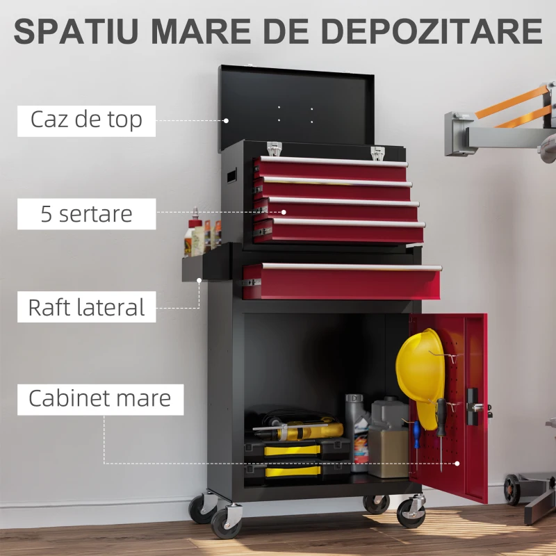 HOMCOM Carucior pentru unelte cu 5 sertare, cutie detașabilă și dulap din oțel cu cheie, roșu