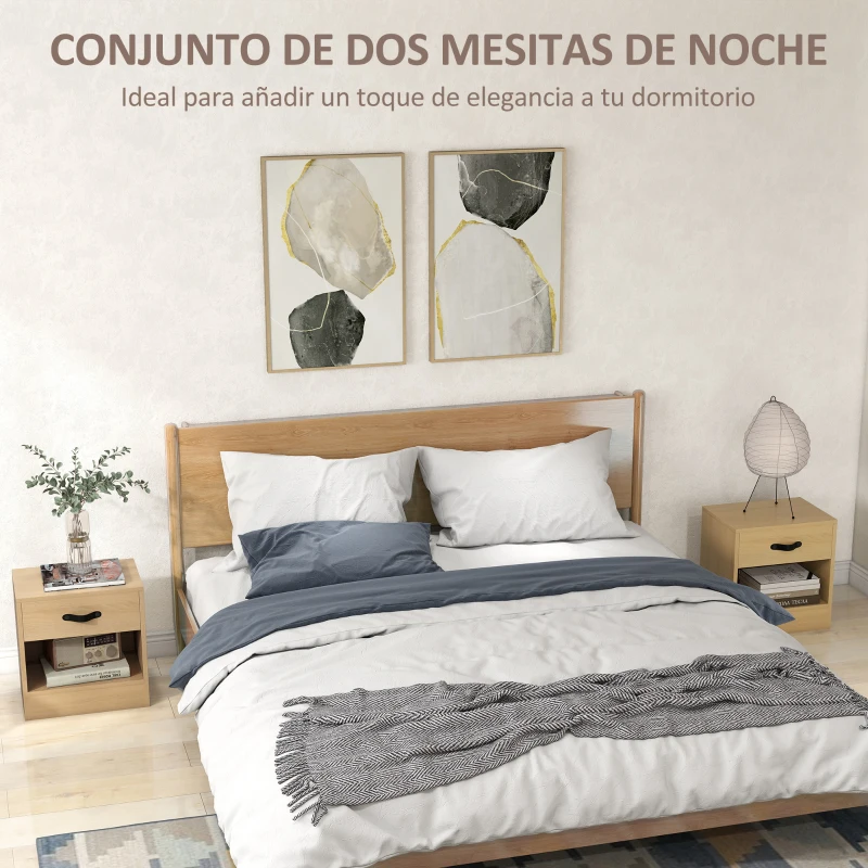 HOMCOM Pack de 2 Mesitas de Noche con Cajón y Compartimento Abierto para Salón 39x28x41 cm Natural