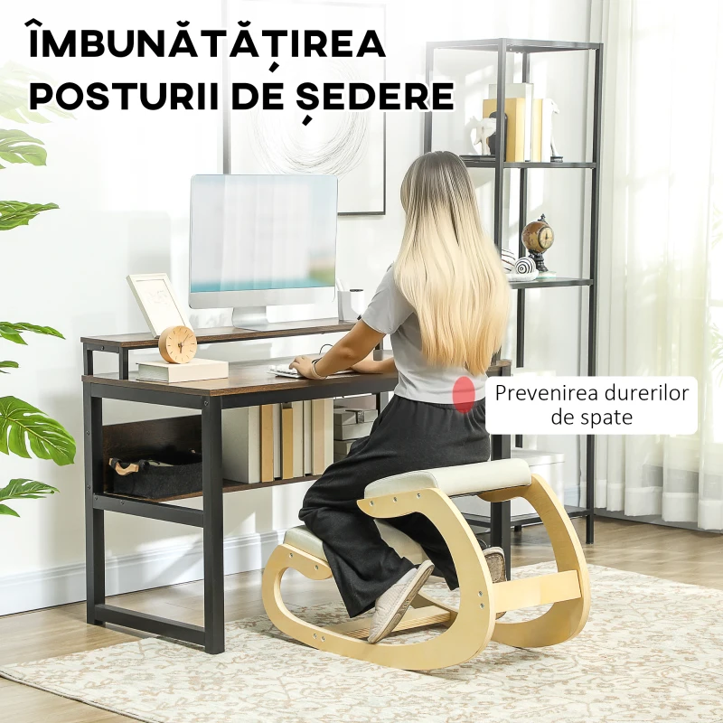 HOMCOM Scaun ergonomic tip genunchier cu mișcare de balansare, din material textil cu efect de in și lemn de mesteacăn, 55x85x55 cm, crem