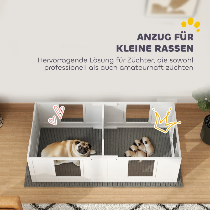 PawHut werpkist voor pups, puppybox met 2 kamers, hondenren met deur voor kleine honden, 164x80x48 cm, wit