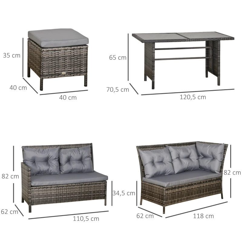 Outsunny Ensemble salon de jardin 8 personnes grand confort 3 canapés d'angle + 2 poufs + table à manger 12 coussins assise & dossier fournis polyester écru résine tressée gris