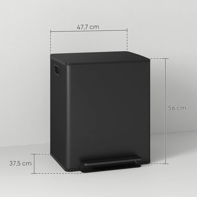 HOMCOM Poubelle de cuisine 2 compartiments de 2 x 25L, acier inoxydable, couvercle à fermeture douce, 47,7x37,5x56cm, noir