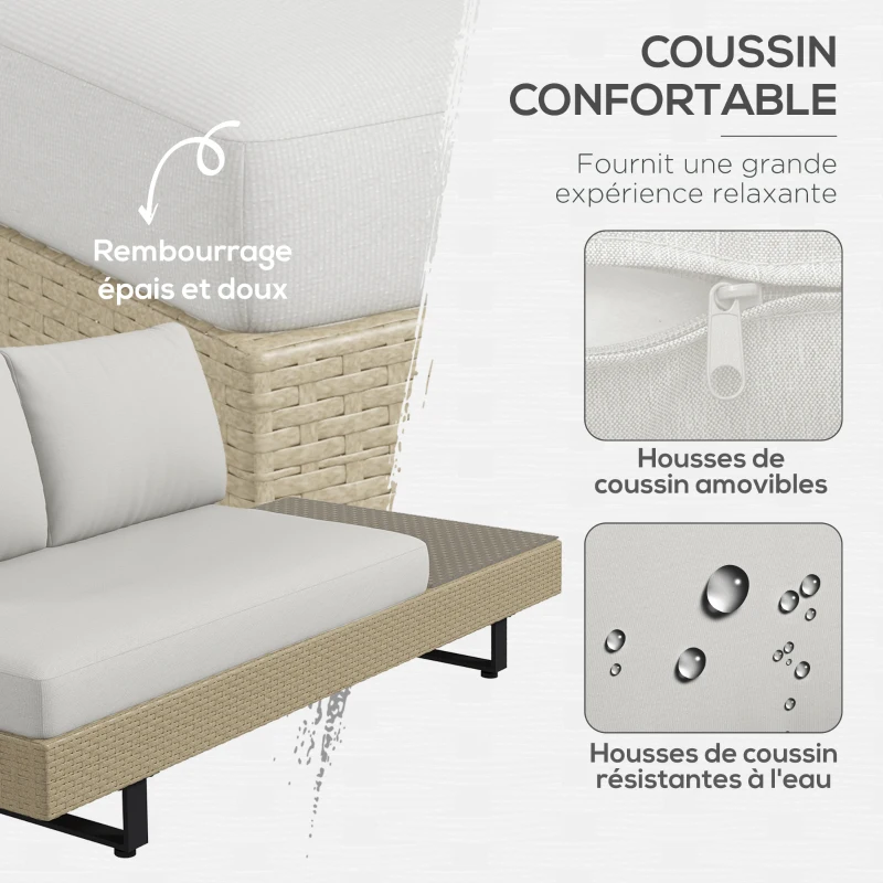 Outsunny Salon de jardin d'angle 5 places design contemporain coussins déhoussables table basse acier époxy résine tressée beige