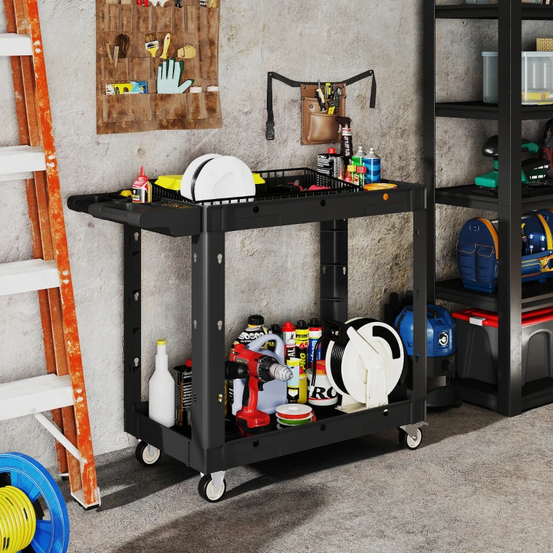 HOMCOM Gereedschapswagen, 2-Laagse Schappen, Handgreep, Wielen, Kunststof, Zwart