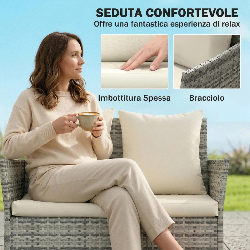 Outsunny Set Salotto da Giardino 4 Pezzi in Rattan con Divano a 2 Posti, 2 Sedie, Tavolino da Caffè, Grigio