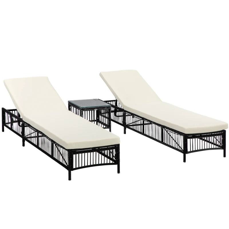 Outsunny Conjunto de 2 Tumbonas de Ratán con Mesa de Centro Respaldo Ajustable en 5 Niveles y Cojines 196x54x32 cm Negro
