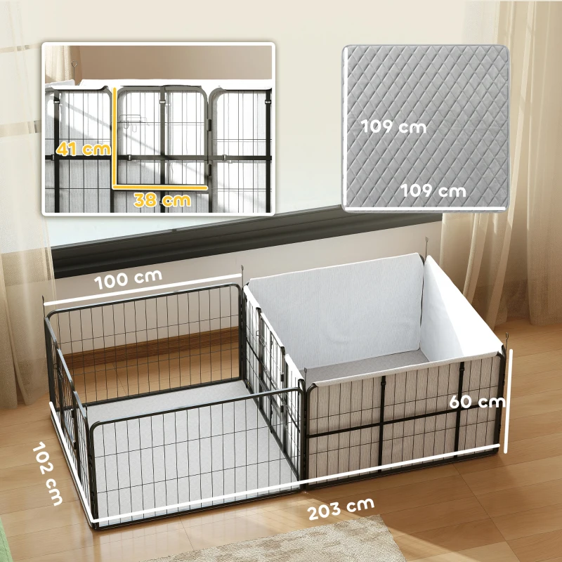 PawHut Werpkist voor puppy's, werpkist/puppyren met 7 panelen, 2 zones, wasbaar werpkussen, 203x102x60cm Zwart