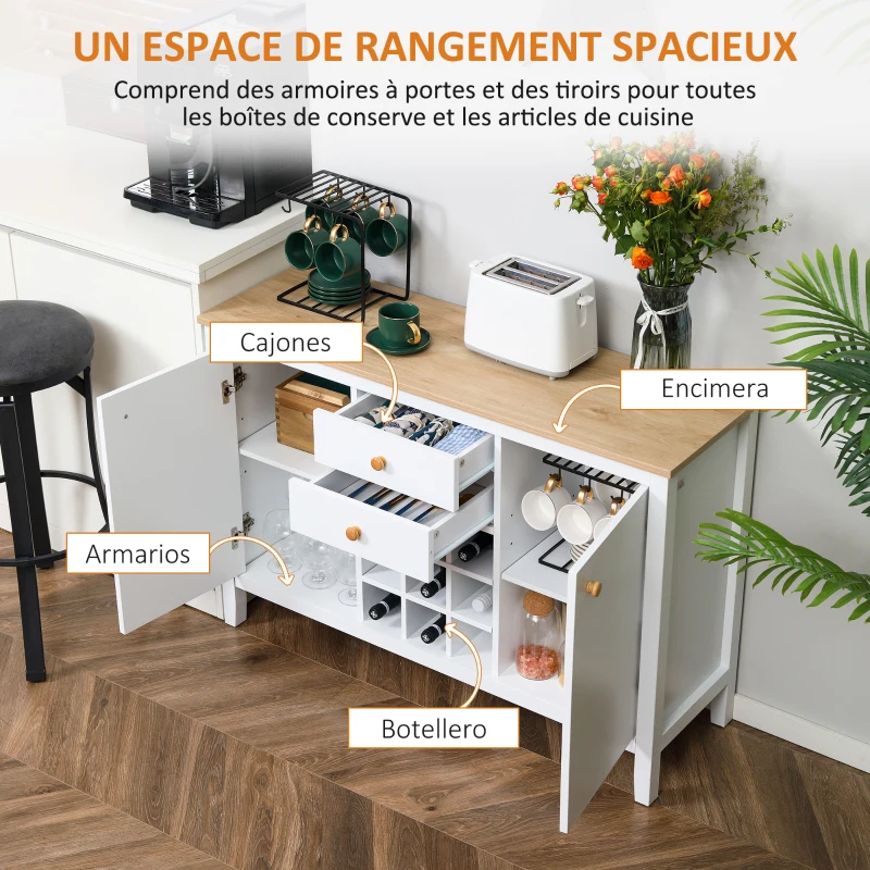 HOMCOM Aparador de Cocina Moderno con Cajones y Botellero Mueble Auxiliar para Comedor Salón 110x35x75 cm Blanco