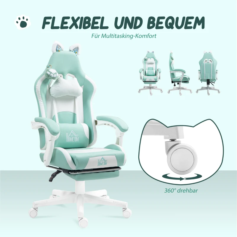 HOMCOM Gamingstoel met kattenoortjes, kantelbare rugleuning, uitschuifbare voetensteun, belastbaar tot 120 kg, zeeblauw(m-7)