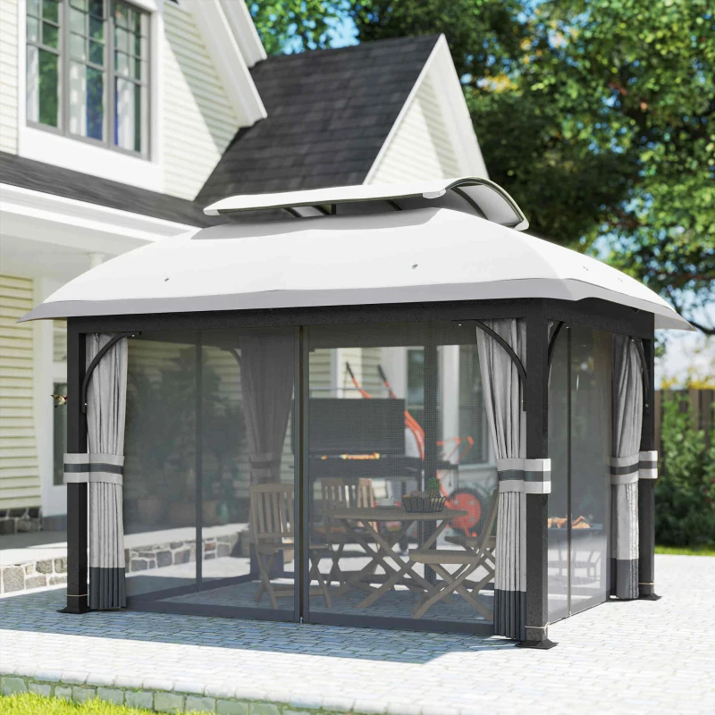 Outsunny Gazebo da Giardino 4x3 m con Zanzariere e Doppio Tetto, in Metallo e Poliestere Grigio Chiaro