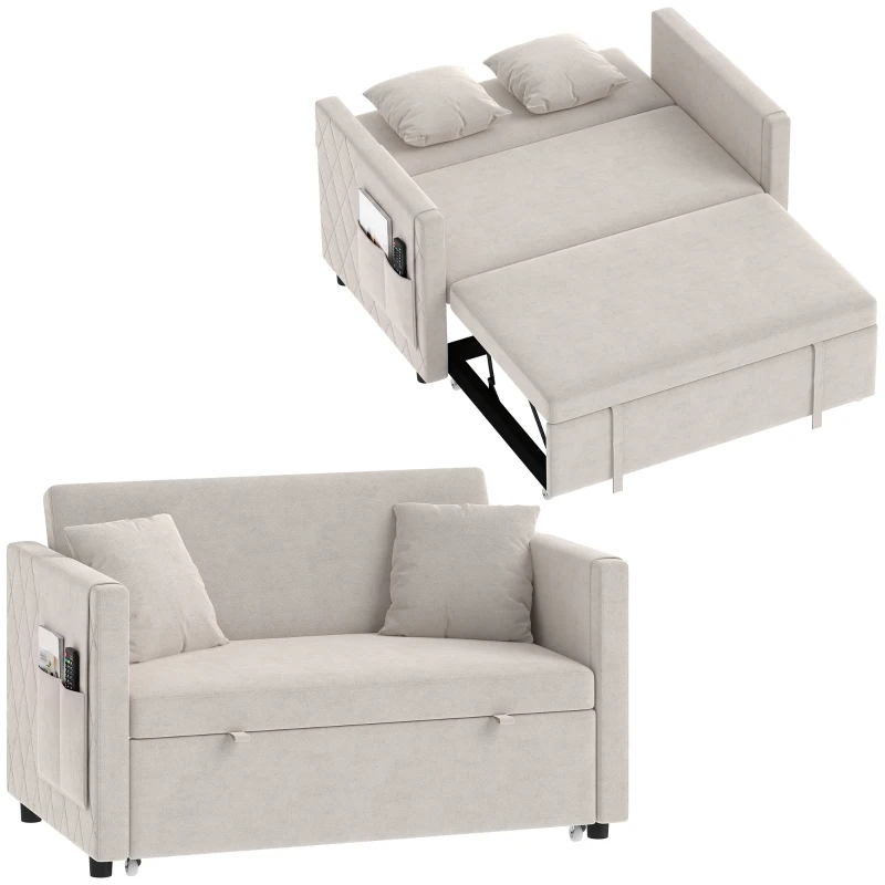 HOMCOM 3-in-1 2‑Sitzer Schlafsofa, Clic‑Clac Schlafsofa aus hollandischem Samt, verstellbare Rückenlehne, 2 Kissen, Beige