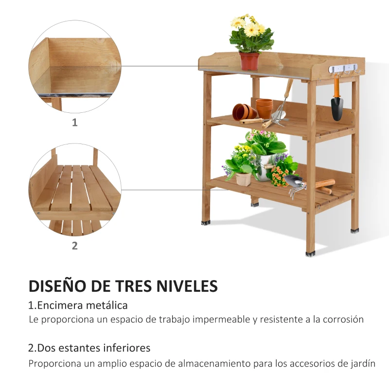 Outsunny Mesa de Jardinería de Madera con Superficie Metálica Estantes y Ganchos para Jardín Terraza 76x37x89 cm Natural