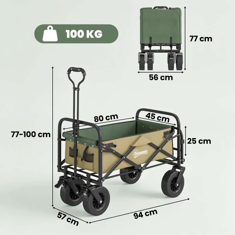 Outsunny Cărucior de grădină 110L cu mâner telescopic și bază rabatabilă din oțel și material textil Oxford, culoare kaki