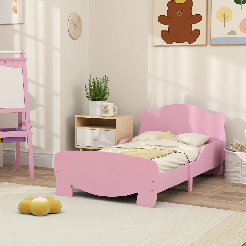 AIYAPLAY Lettino per Bambini con Testiera e Pediera a Orso e 2 Sponde Laterali, in Legno, 143.5x80x55 cm, Rosa