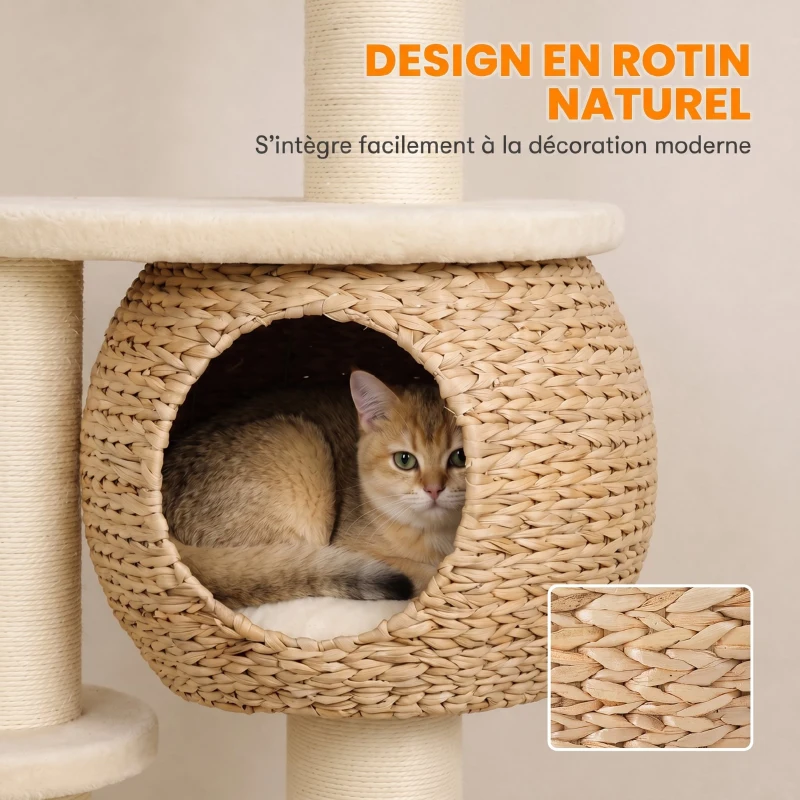 PawHut Arbre à Chat Tour pour Chat en Rotin Design 4 Niveaux avec Niche Quenouille Panier Jute et Coussin 132cm Beige