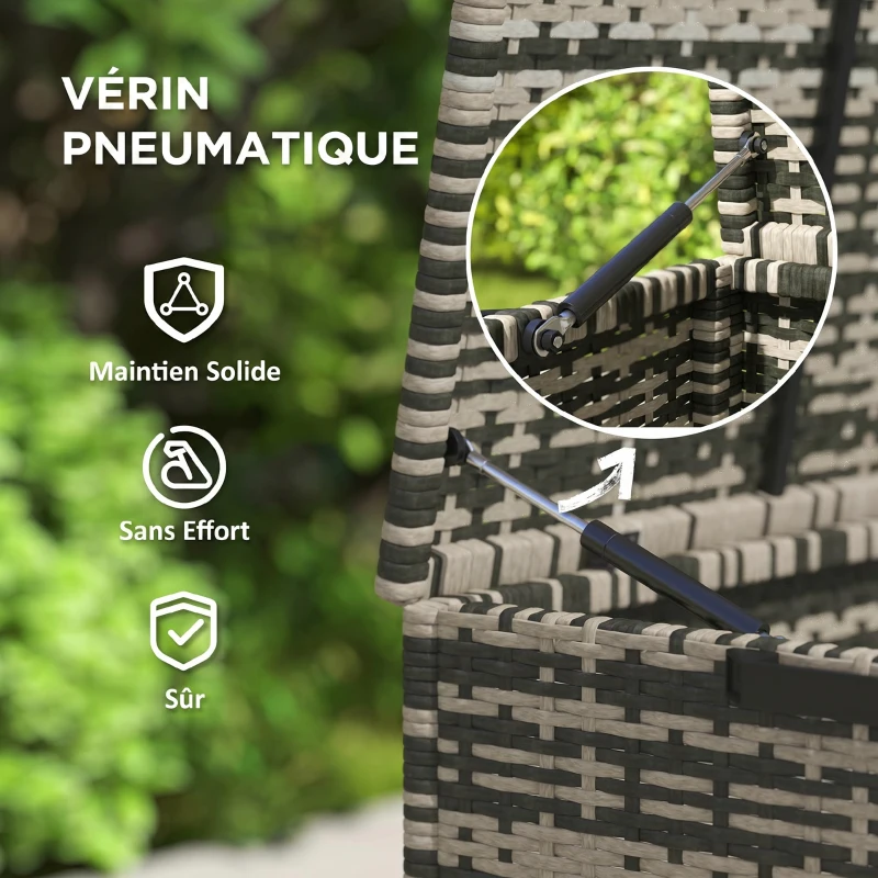 Outsunny Coffre de jardin en résine tressée coffre de rangement extérieur 350 L à 2 niveaux vérin à gaz 118x57x69cm gris mélangé