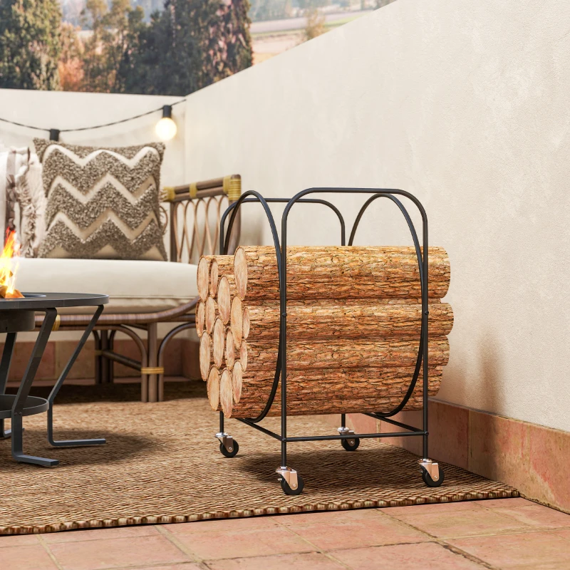 Outsunny Leñero Exterior Metálico de Chimenea Soporte para Leña con Ruedas para Interior y Exterior 51x30x60 cm Negro