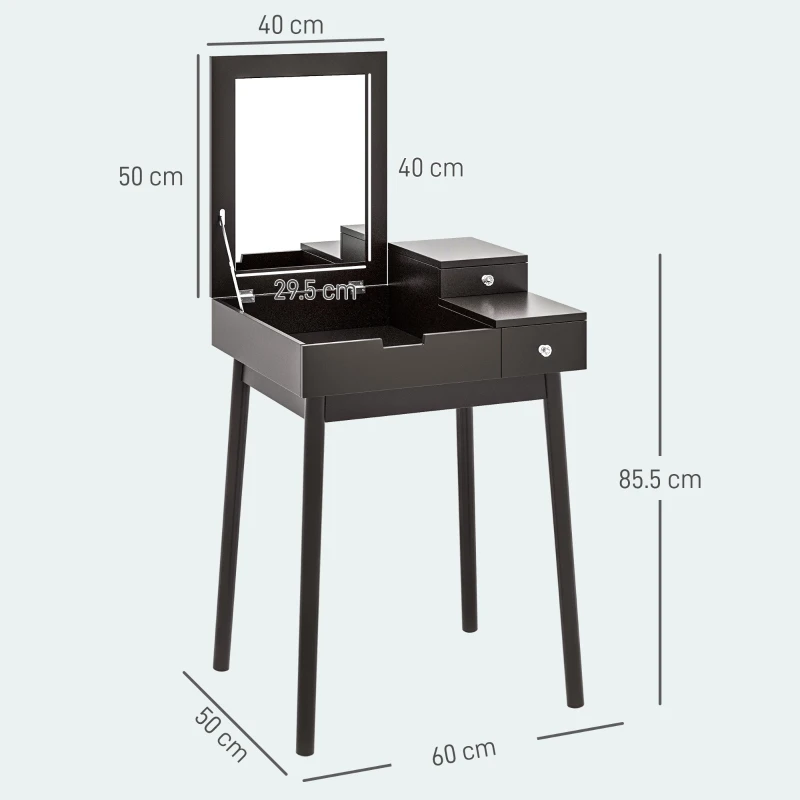 HOMCOM Dressing Table with Flip-up Mirror, Makeup Desk with 2 Drawers and Pine Wood Legs, Vanity Table Writing Desk for Bedroom Living Room, Black