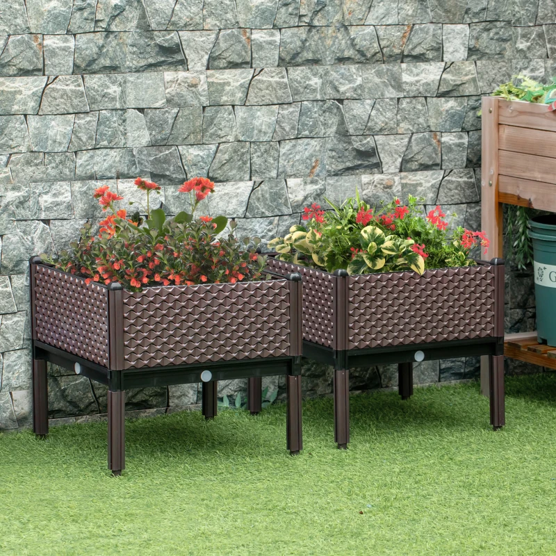 Outsunny Juego de 2 Jardineras de Exterior Jardineras Cuadradas Elevadas Combinación Libre 50x50x46,5 cm Marrón