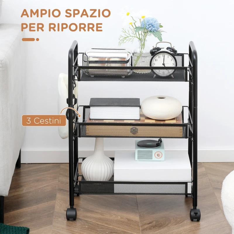 HOMCOM Carrello da Cucina a 3 Livelli con Cesti Removibili e 4 Ruote, in Acciaio e Plastica PP, 41.5Lx26.5x63 cm, Nero