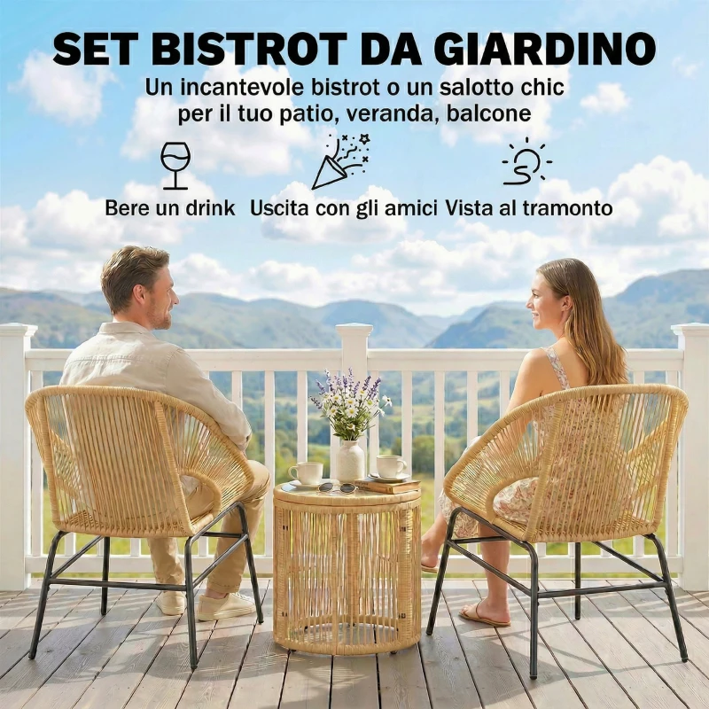 Outsunny Set da Bistrò da 3 Pezzi in Rattan e Acciaio con 2 Sedie, Tavolo Rotondo con Piano in Vetro Temperato, Beige