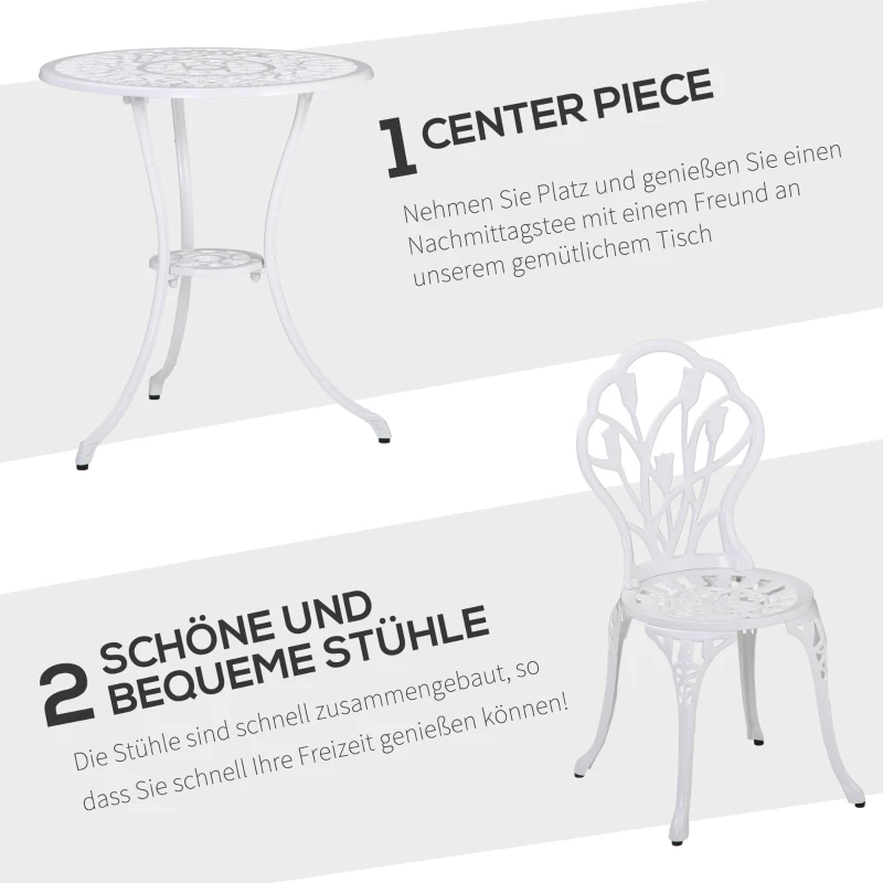 Outsunny zitgroep 3-delige eetgroep tuinmeubelset 1 tafel + 2 stoelen aluminium wit