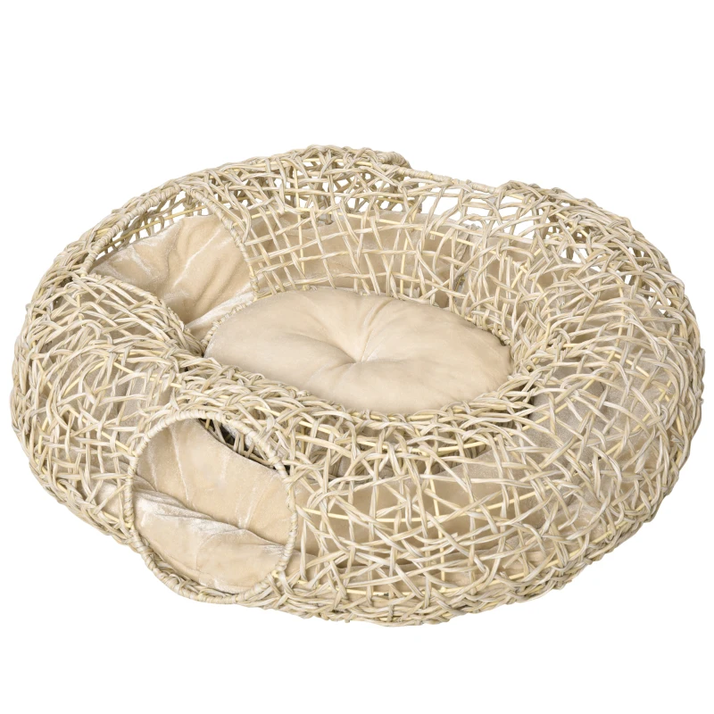 PawHut Cama para Gatos de Ratán 78x69x22 cm Cesta para Gatos Rolliza con Cojín Suave 3 Orificios de Acceso Túnel para Gatos Madera Natural