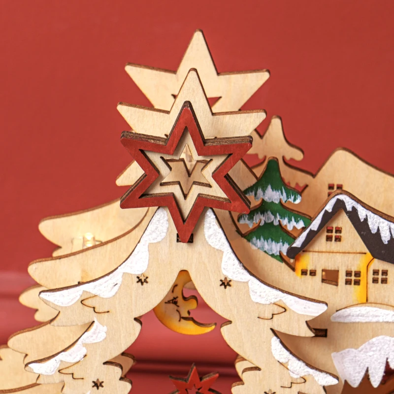 HOMCOM Kerstdorp in Winterwonderland, 20 LED-Lichten, Meerlaags, Natuurhout, 45 x 12 x 30 cm