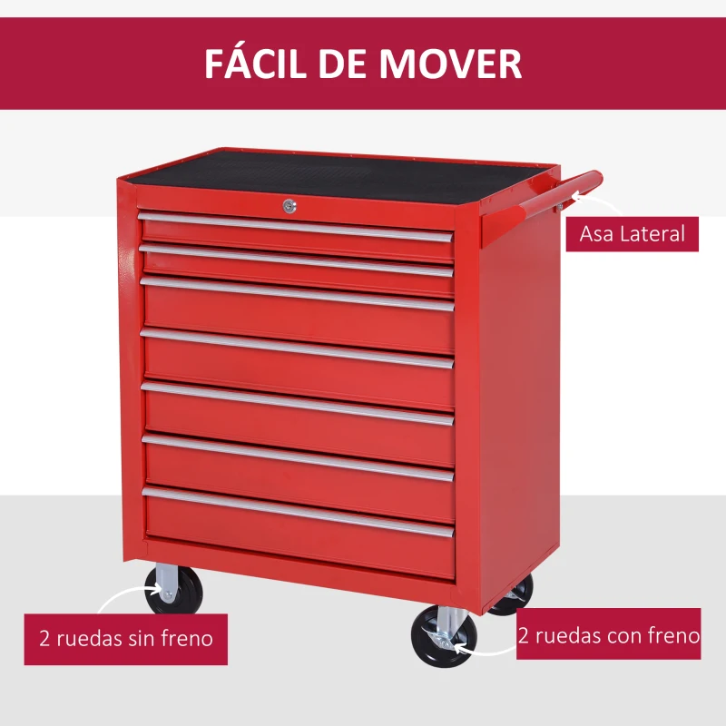 DURHAND Carro de Herramientas con 7 Cajones y Ruedas Caja Taller Cerradura tipo Mueble de Almacenamiento 69x33x75cm Rojo