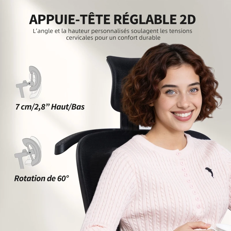 HOMCOM Chaise bureau ergonomique, fauteuil de bureau en maille avec appuie-tête réglable, support lombaire, 64x64x124cm, noir