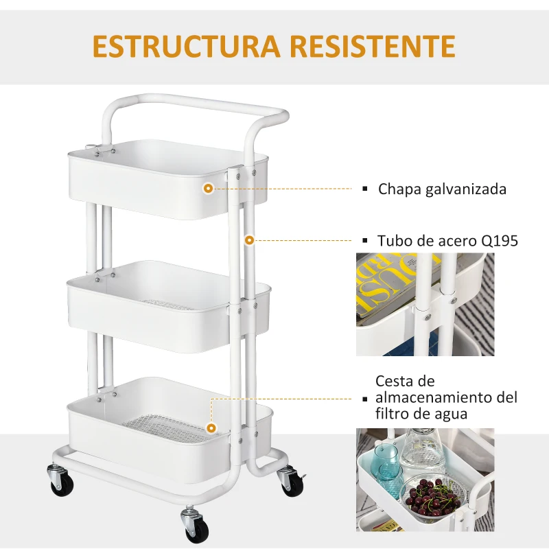 HOMCOM Carrito Auxiliar de 3 Niveles con Ruedas y 3 Baldas Malla Metálica para Cocina Oficina Baño Carro Multiuso de Almacenamiento con Pasamanos Carga de 45kg Blanco 43x36x83cm